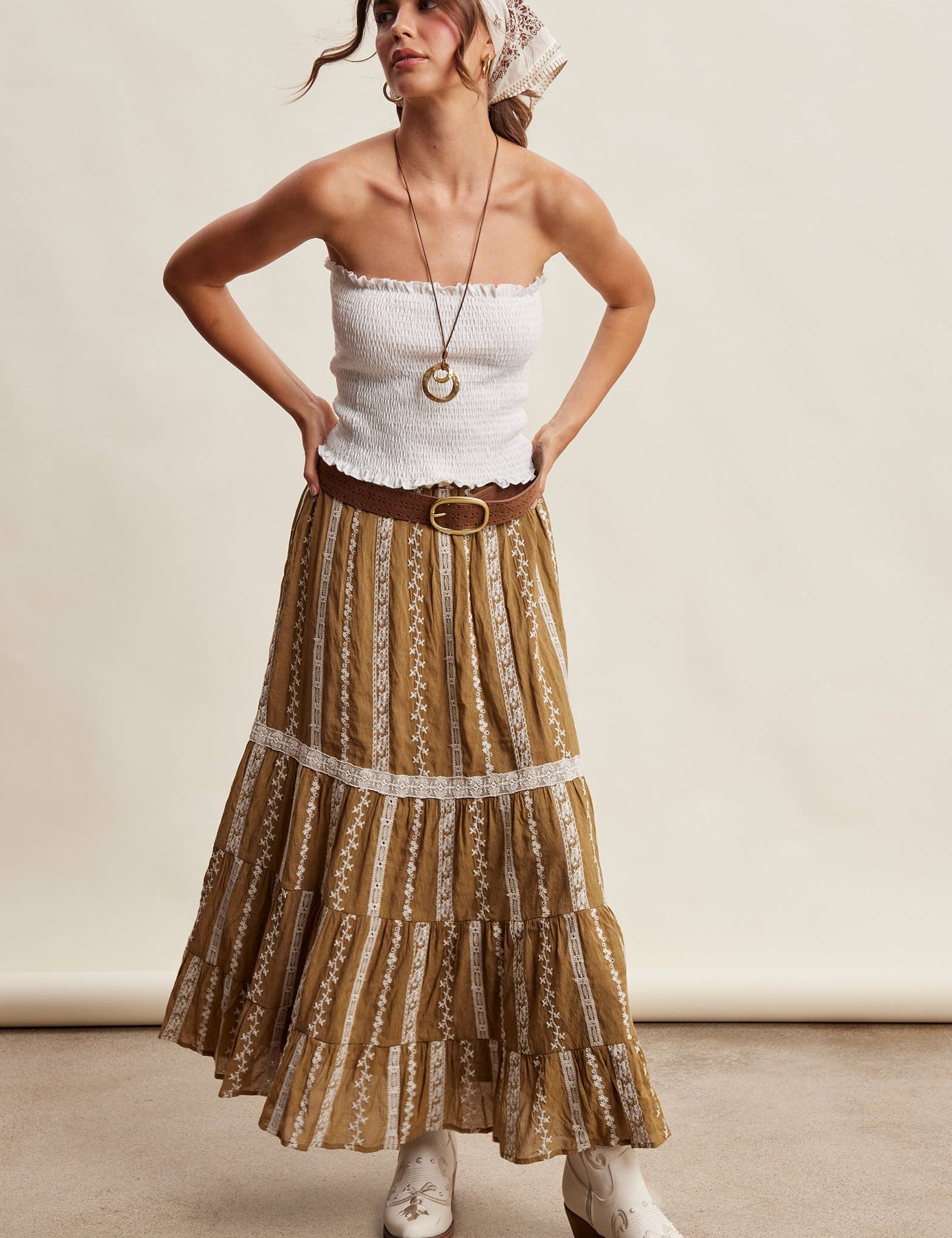 embroidered maxi skirt, boho maxi skirt, brown embroidered skirt, tiered maxi skirt, drawstring waist skirt, lined boho skirt, lace trim maxi skirt, western inspired skirt, flowy embroidered skirt, fall maxi skirt