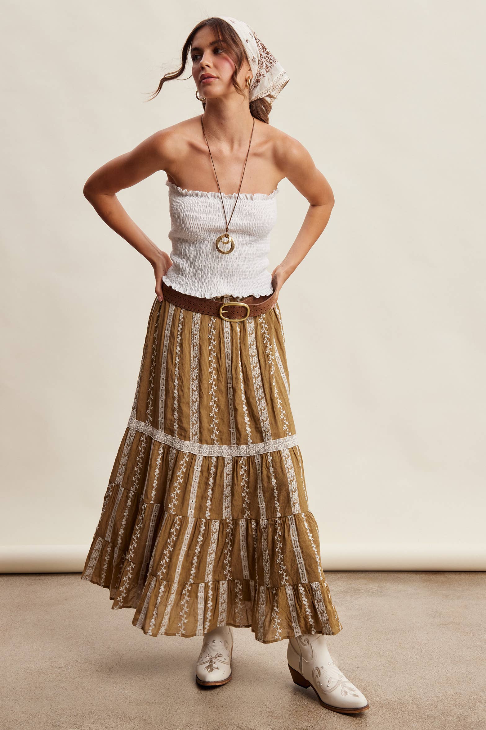 embroidered maxi skirt, boho maxi skirt, brown embroidered skirt, tiered maxi skirt, drawstring waist skirt, lined boho skirt, lace trim maxi skirt, western inspired skirt, flowy embroidered skirt, fall maxi skirt