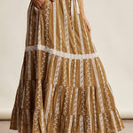 embroidered maxi skirt, boho maxi skirt, brown embroidered skirt, tiered maxi skirt, drawstring waist skirt, lined boho skirt, lace trim maxi skirt, western inspired skirt, flowy embroidered skirt, fall maxi skirt