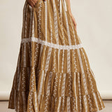 embroidered maxi skirt, boho maxi skirt, brown embroidered skirt, tiered maxi skirt, drawstring waist skirt, lined boho skirt, lace trim maxi skirt, western inspired skirt, flowy embroidered skirt, fall maxi skirt