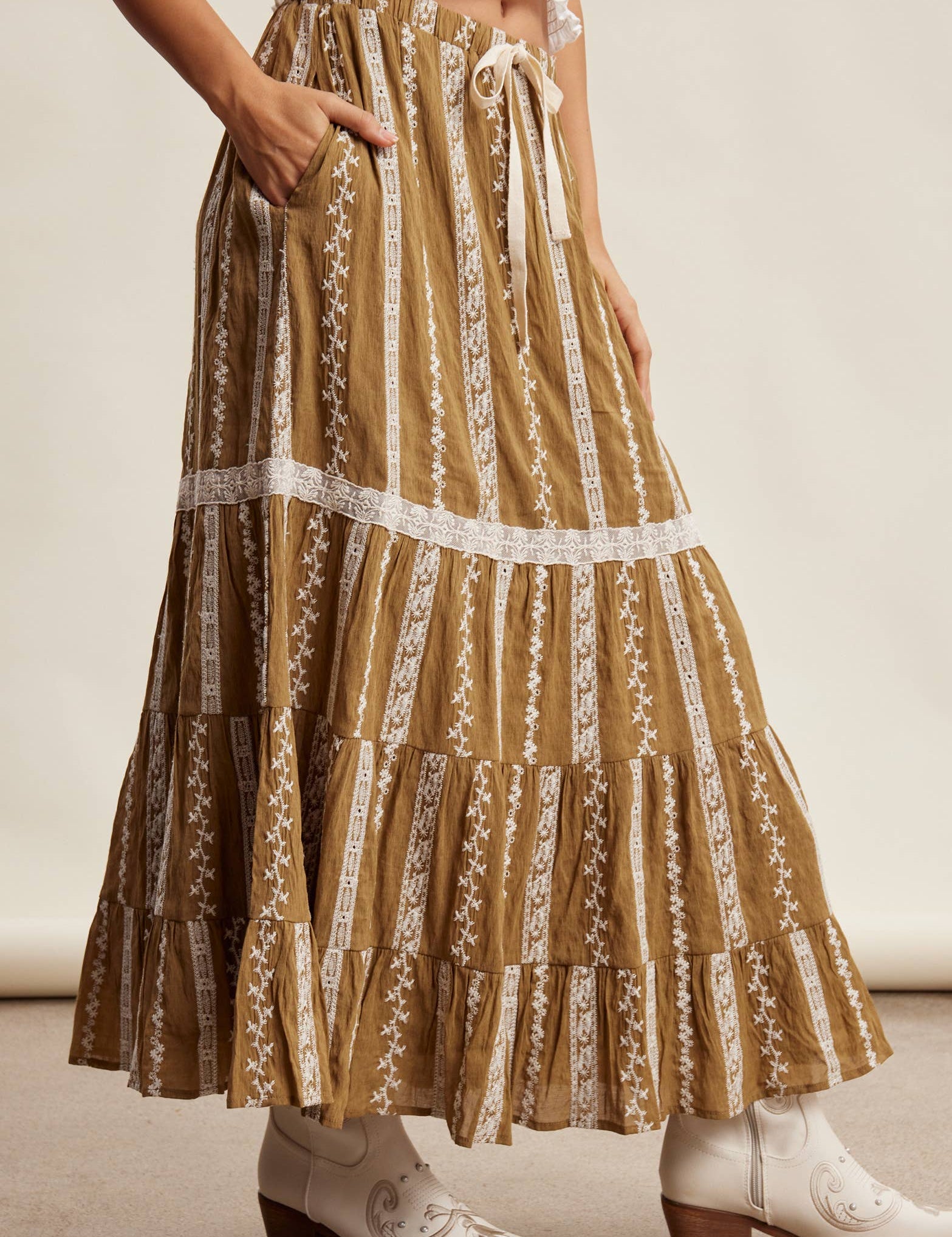 embroidered maxi skirt, boho maxi skirt, brown embroidered skirt, tiered maxi skirt, drawstring waist skirt, lined boho skirt, lace trim maxi skirt, western inspired skirt, flowy embroidered skirt, fall maxi skirt