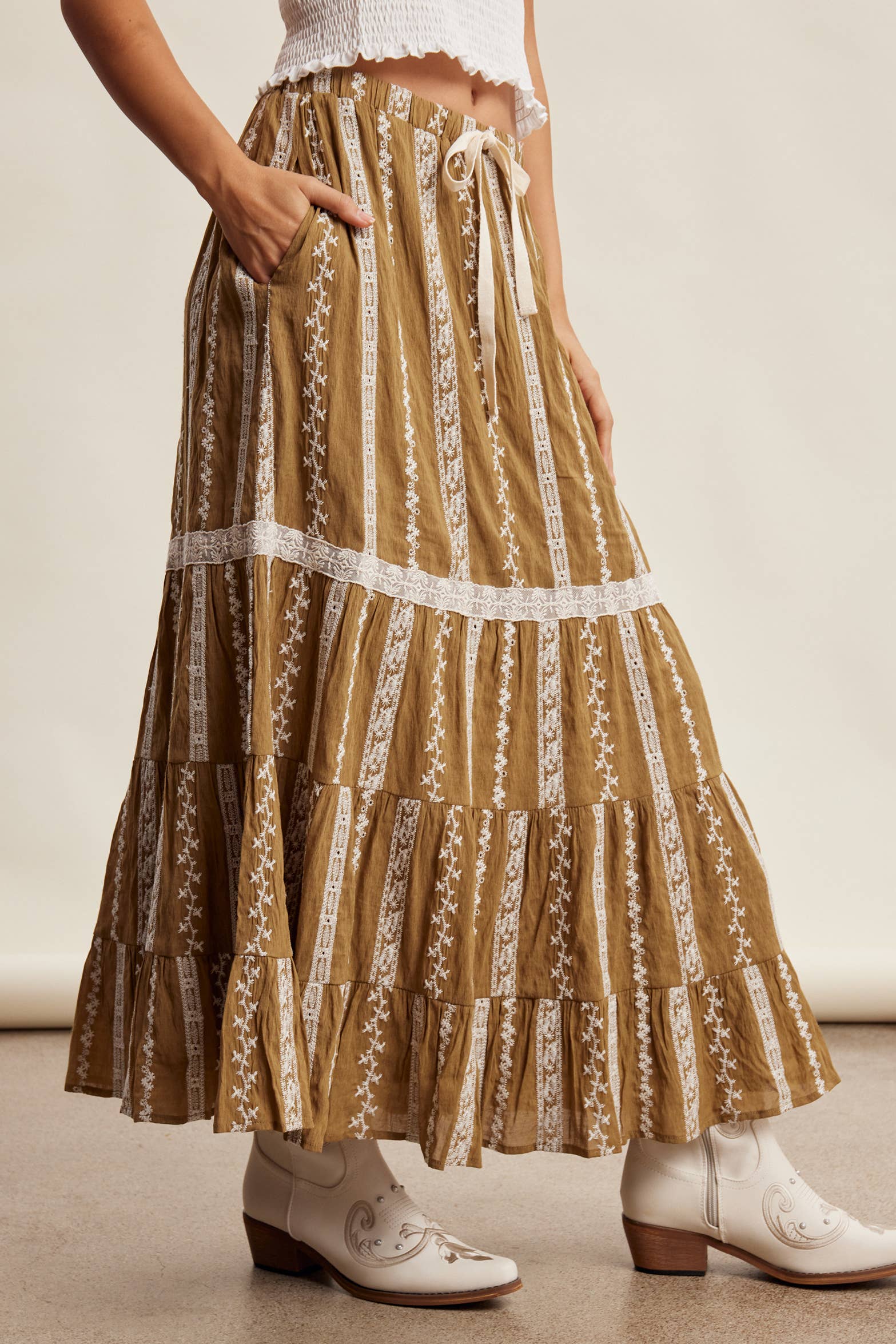 embroidered maxi skirt, boho maxi skirt, brown embroidered skirt, tiered maxi skirt, drawstring waist skirt, lined boho skirt, lace trim maxi skirt, western inspired skirt, flowy embroidered skirt, fall maxi skirt