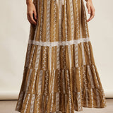 embroidered maxi skirt, boho maxi skirt, brown embroidered skirt, tiered maxi skirt, drawstring waist skirt, lined boho skirt, lace trim maxi skirt, western inspired skirt, flowy embroidered skirt, fall maxi skirt
