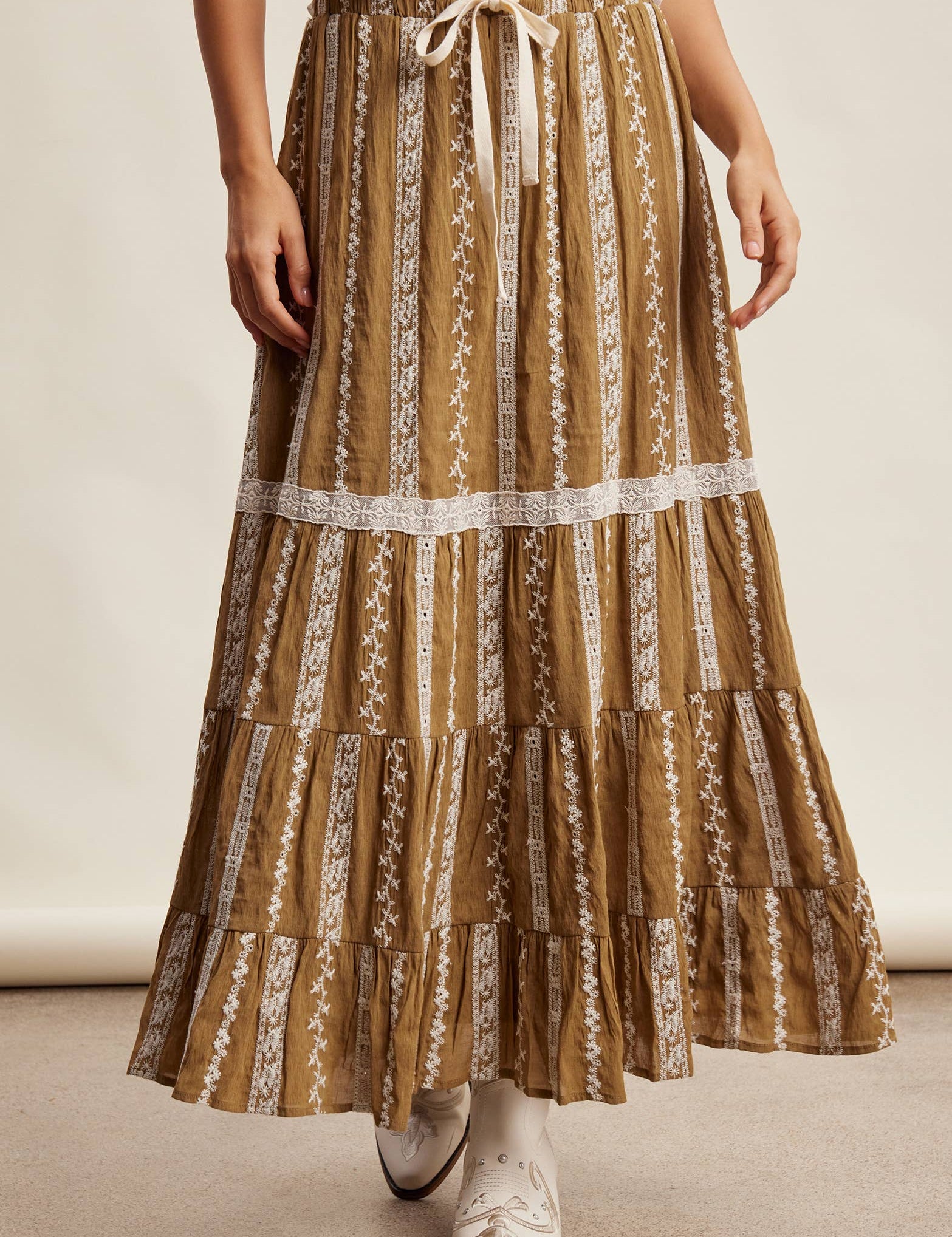 embroidered maxi skirt, boho maxi skirt, brown embroidered skirt, tiered maxi skirt, drawstring waist skirt, lined boho skirt, lace trim maxi skirt, western inspired skirt, flowy embroidered skirt, fall maxi skirt