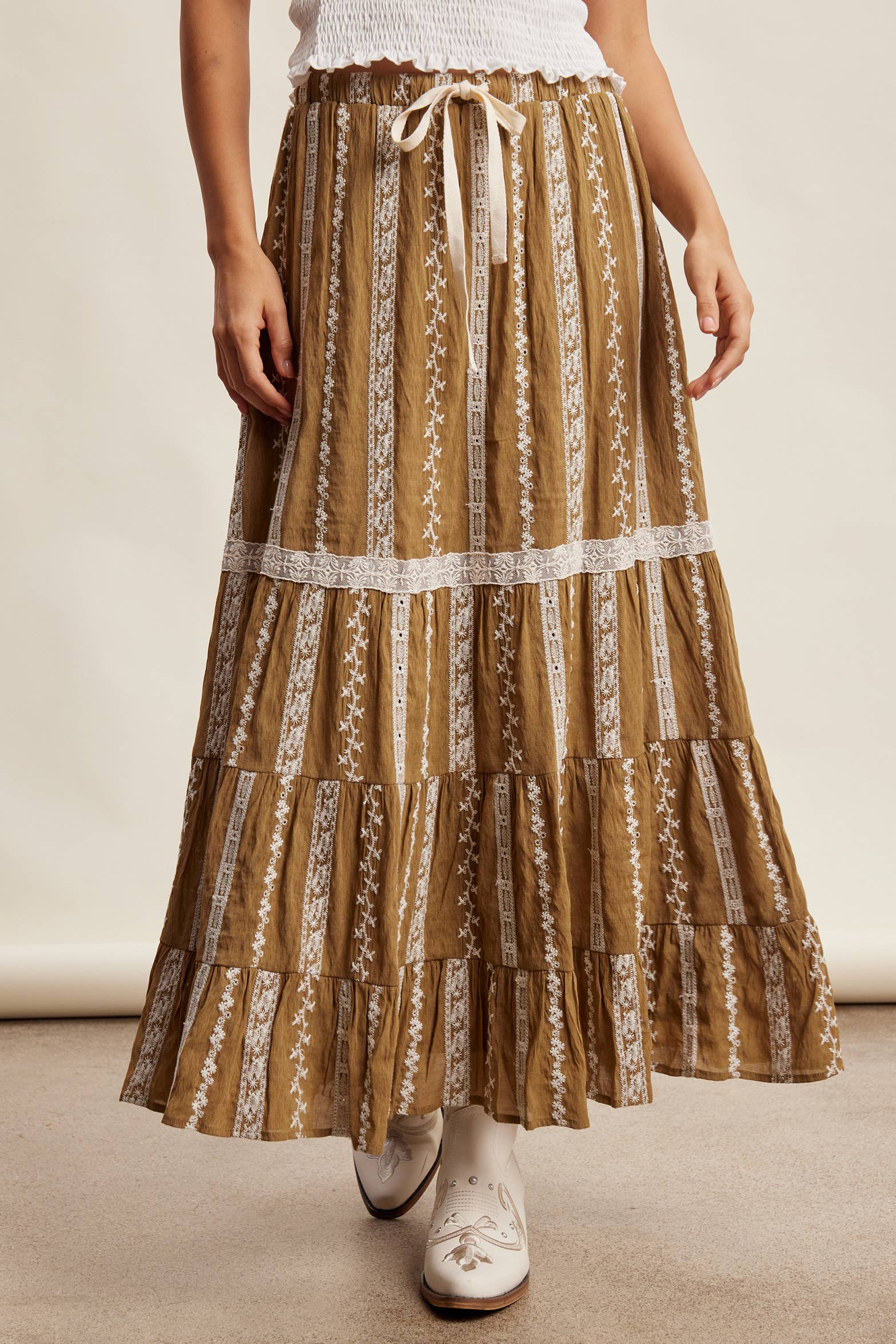 embroidered maxi skirt, boho maxi skirt, brown embroidered skirt, tiered maxi skirt, drawstring waist skirt, lined boho skirt, lace trim maxi skirt, western inspired skirt, flowy embroidered skirt, fall maxi skirt