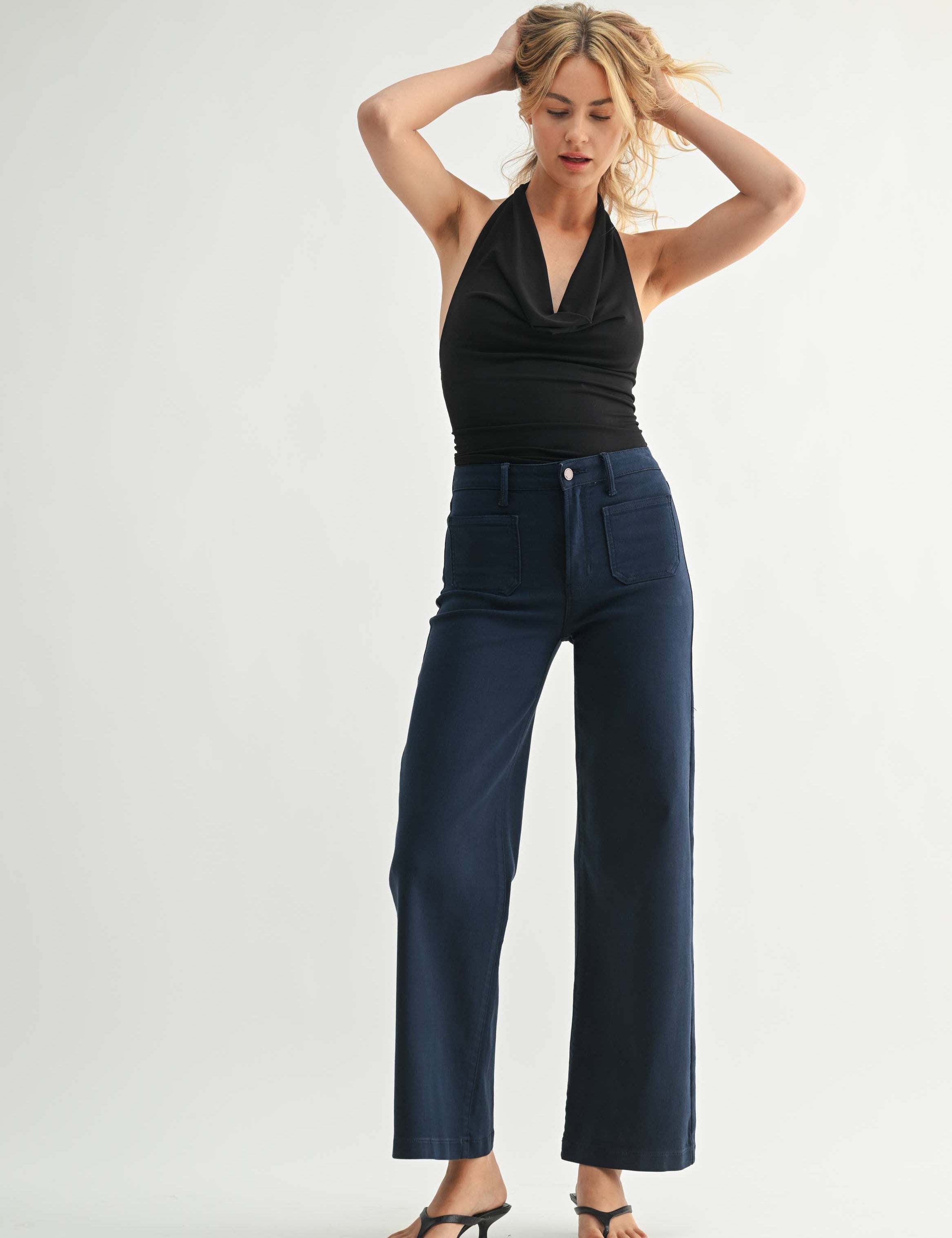navy denim wide leg pant