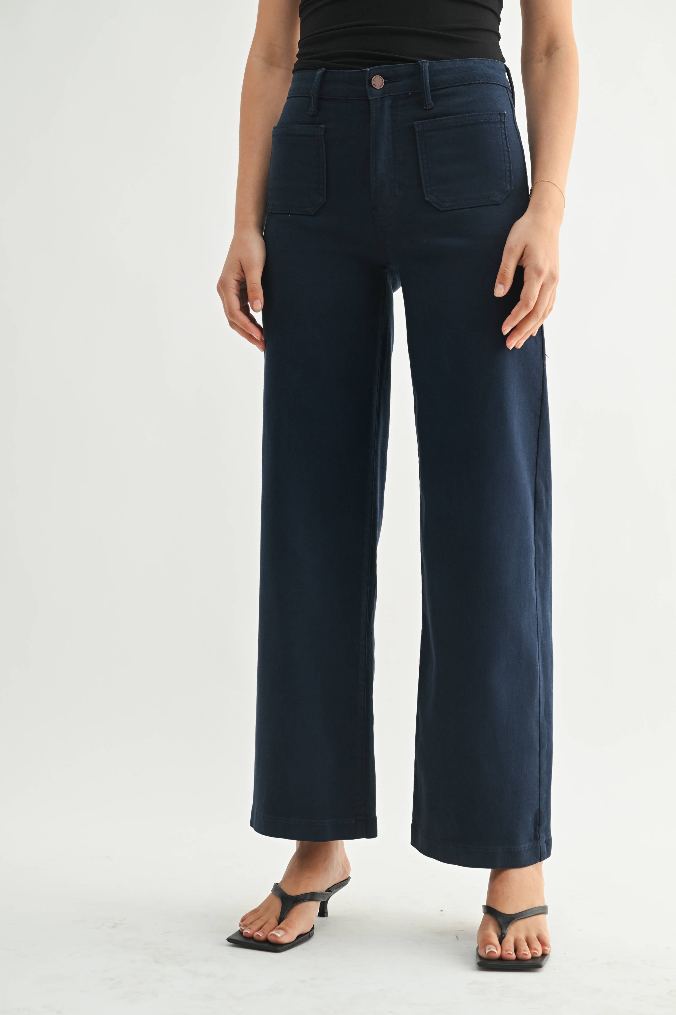 navy blue patch pocket wide leg jeans