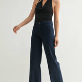 wide leg navy blue pants denim patch pocket
