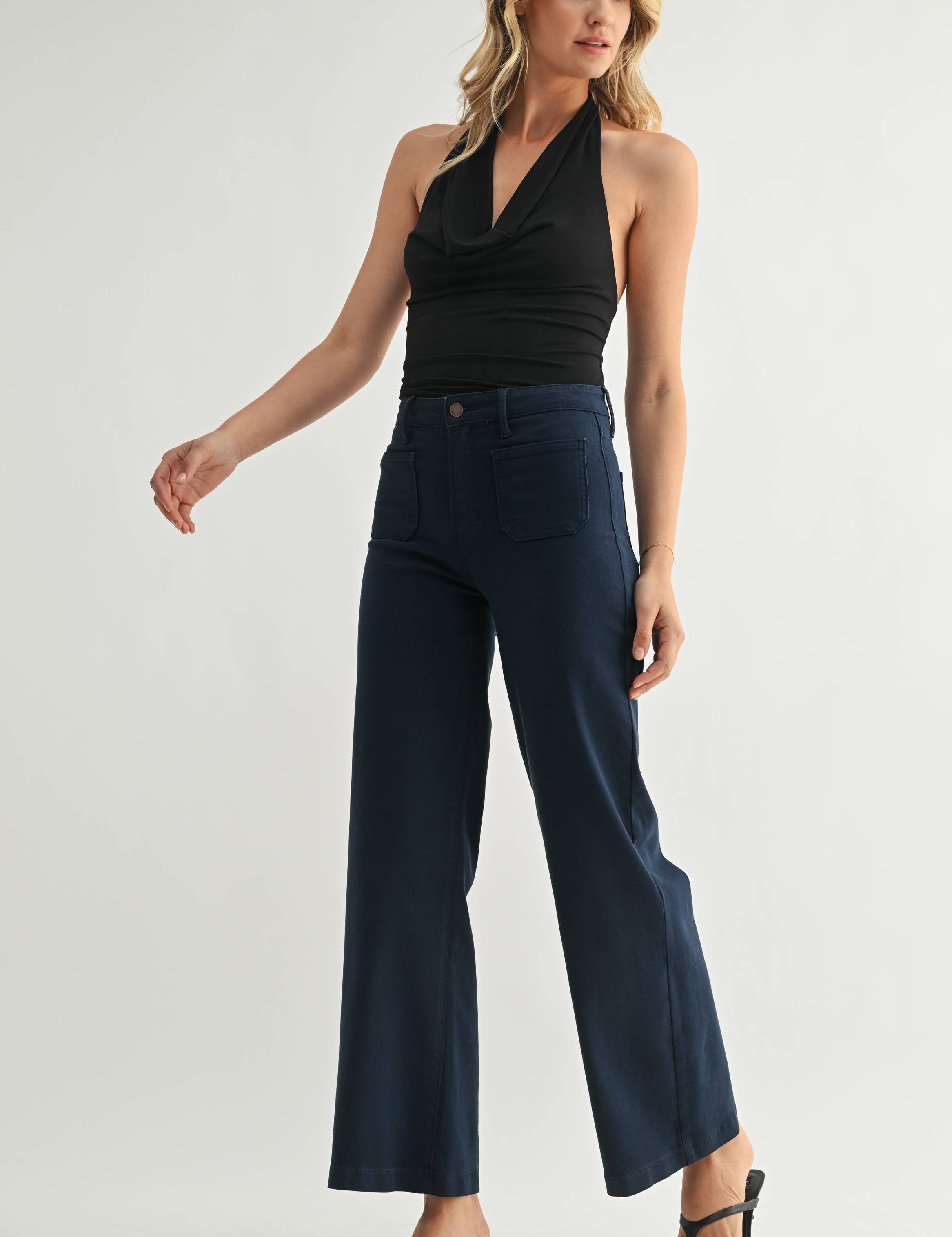 wide leg navy blue pants denim patch pocket