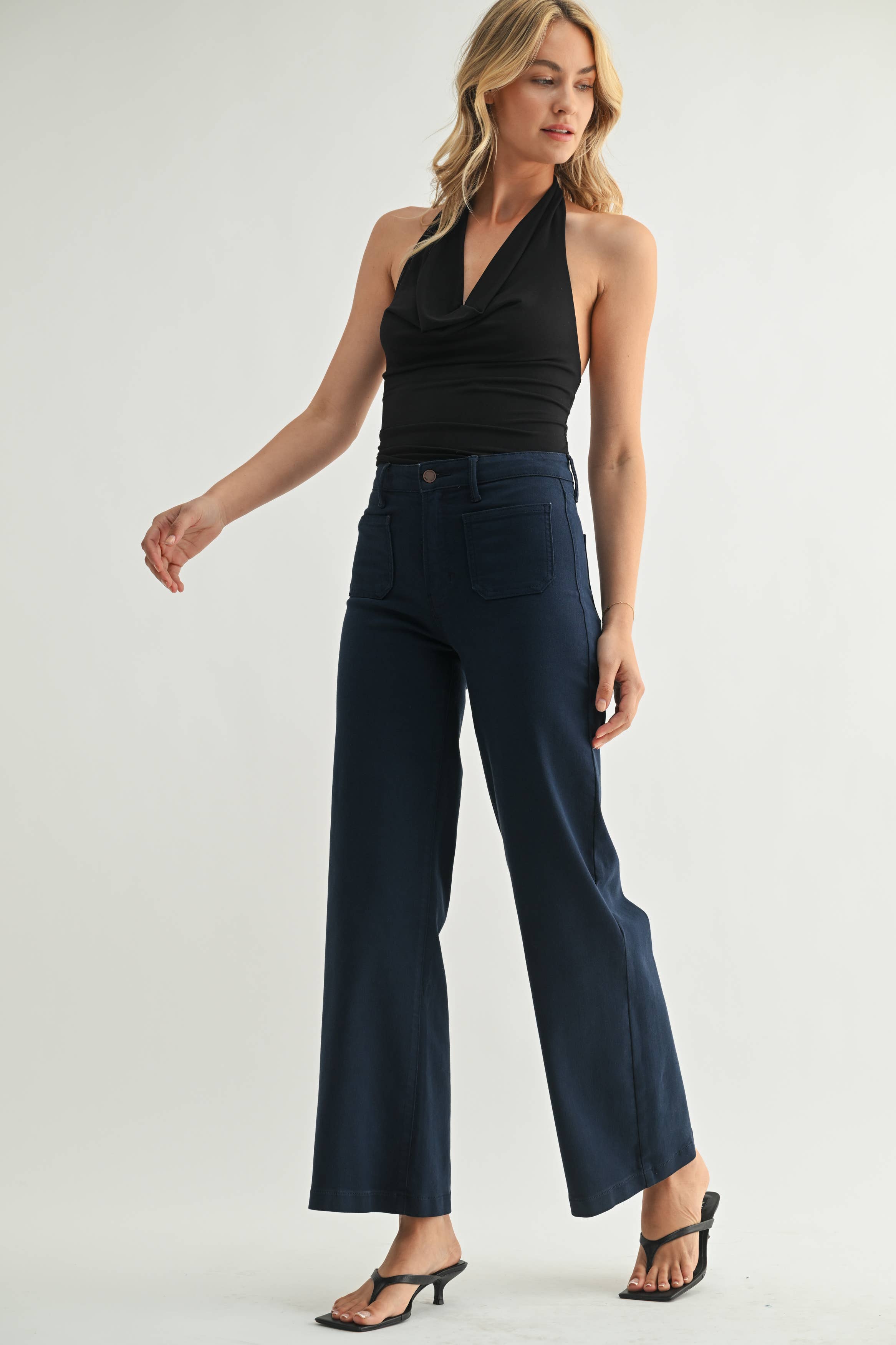 wide leg navy blue pants denim patch pocket