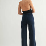 back pockets on navy blue denim wide leg pants