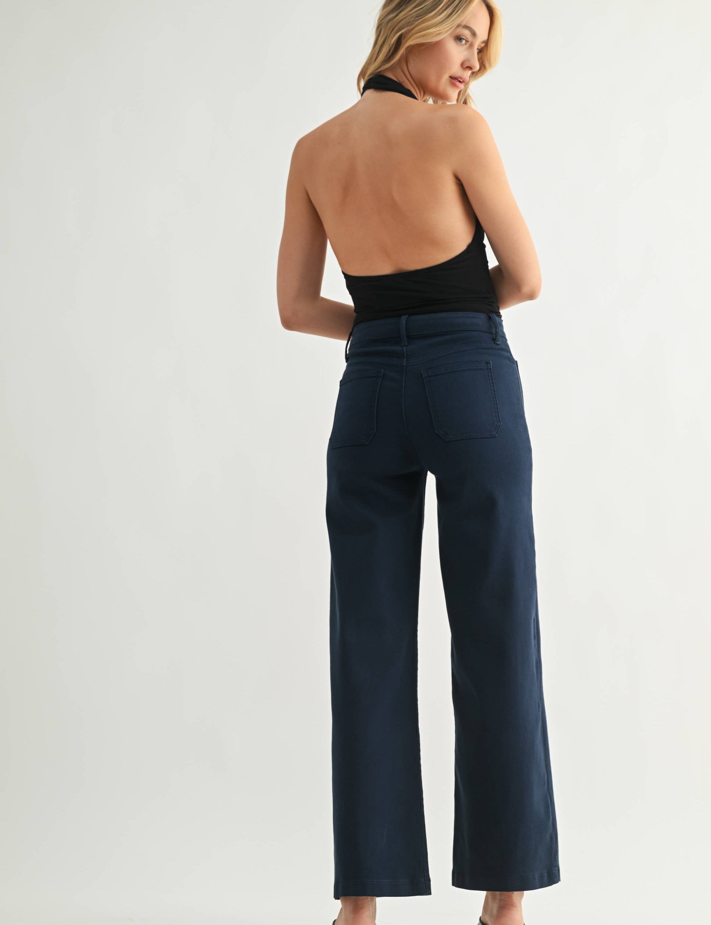 back pockets on navy blue denim wide leg pants
