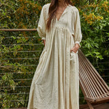 cream maxi dress, oversized maxi dress, boho maxi dress, long sleeve flowy dress, neutral fall dress, v neck maxi dress, relaxed fit dress with pockets, tencel rayon dress, cottagecore maxi dress, long sleeve cream dress