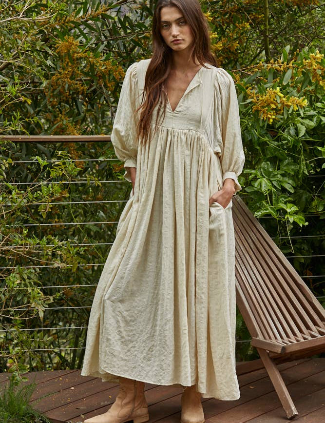 cream maxi dress, oversized maxi dress, boho maxi dress, long sleeve flowy dress, neutral fall dress, v neck maxi dress, relaxed fit dress with pockets, tencel rayon dress, cottagecore maxi dress, long sleeve cream dress