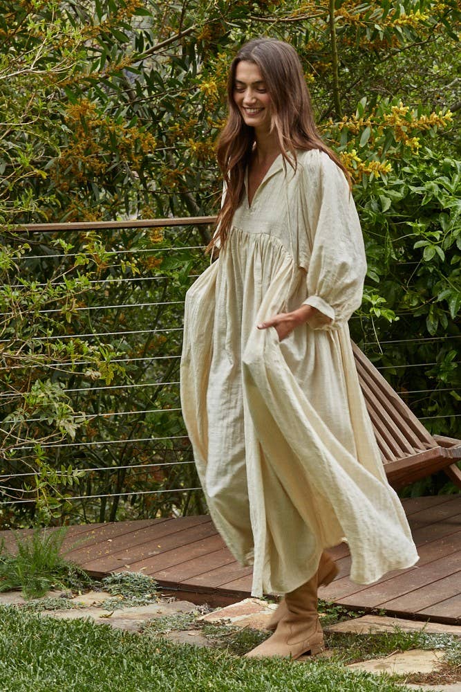 cream maxi dress, oversized maxi dress, boho maxi dress, long sleeve flowy dress, neutral fall dress, v neck maxi dress, relaxed fit dress with pockets, tencel rayon dress, cottagecore maxi dress, long sleeve cream dress