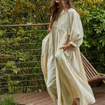 cream maxi dress, oversized maxi dress, boho maxi dress, long sleeve flowy dress, neutral fall dress, v neck maxi dress, relaxed fit dress with pockets, tencel rayon dress, cottagecore maxi dress, long sleeve cream dress