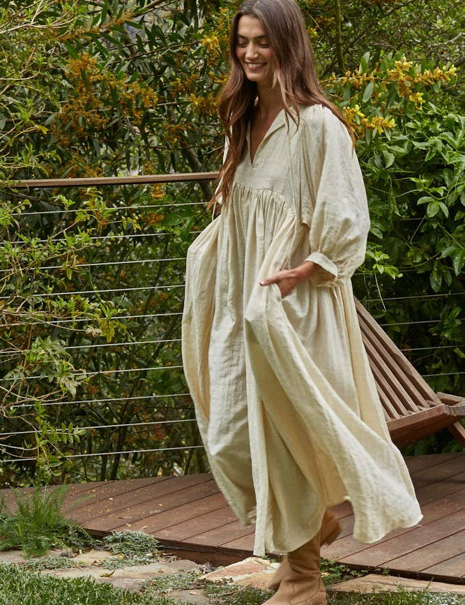 cream maxi dress, oversized maxi dress, boho maxi dress, long sleeve flowy dress, neutral fall dress, v neck maxi dress, relaxed fit dress with pockets, tencel rayon dress, cottagecore maxi dress, long sleeve cream dress