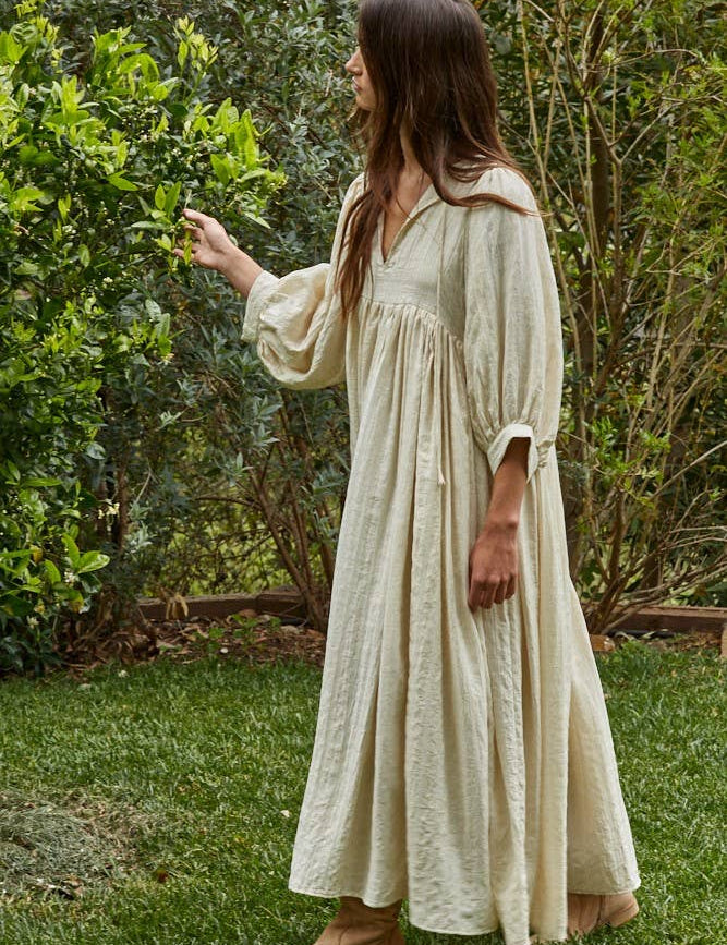 cream maxi dress, oversized maxi dress, boho maxi dress, long sleeve flowy dress, neutral fall dress, v neck maxi dress, relaxed fit dress with pockets, tencel rayon dress, cottagecore maxi dress, long sleeve cream dress