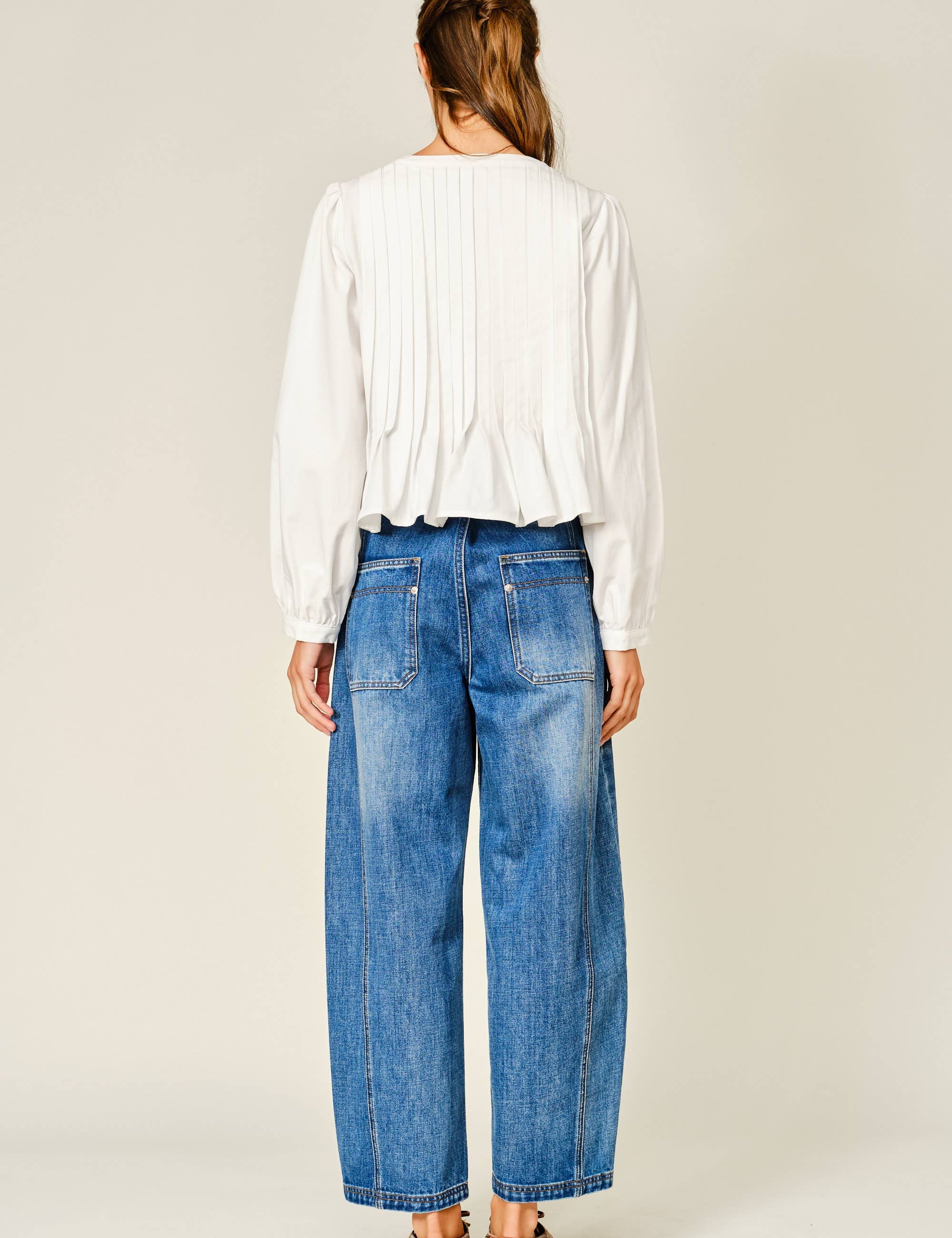 white pleated blouse, women's button front blouse, pintuck blouse, white long sleeve top, ruffle hem blouse, women's fall blouse, babydoll blouse, puff sleeve blouse, thanksgiving outfit top