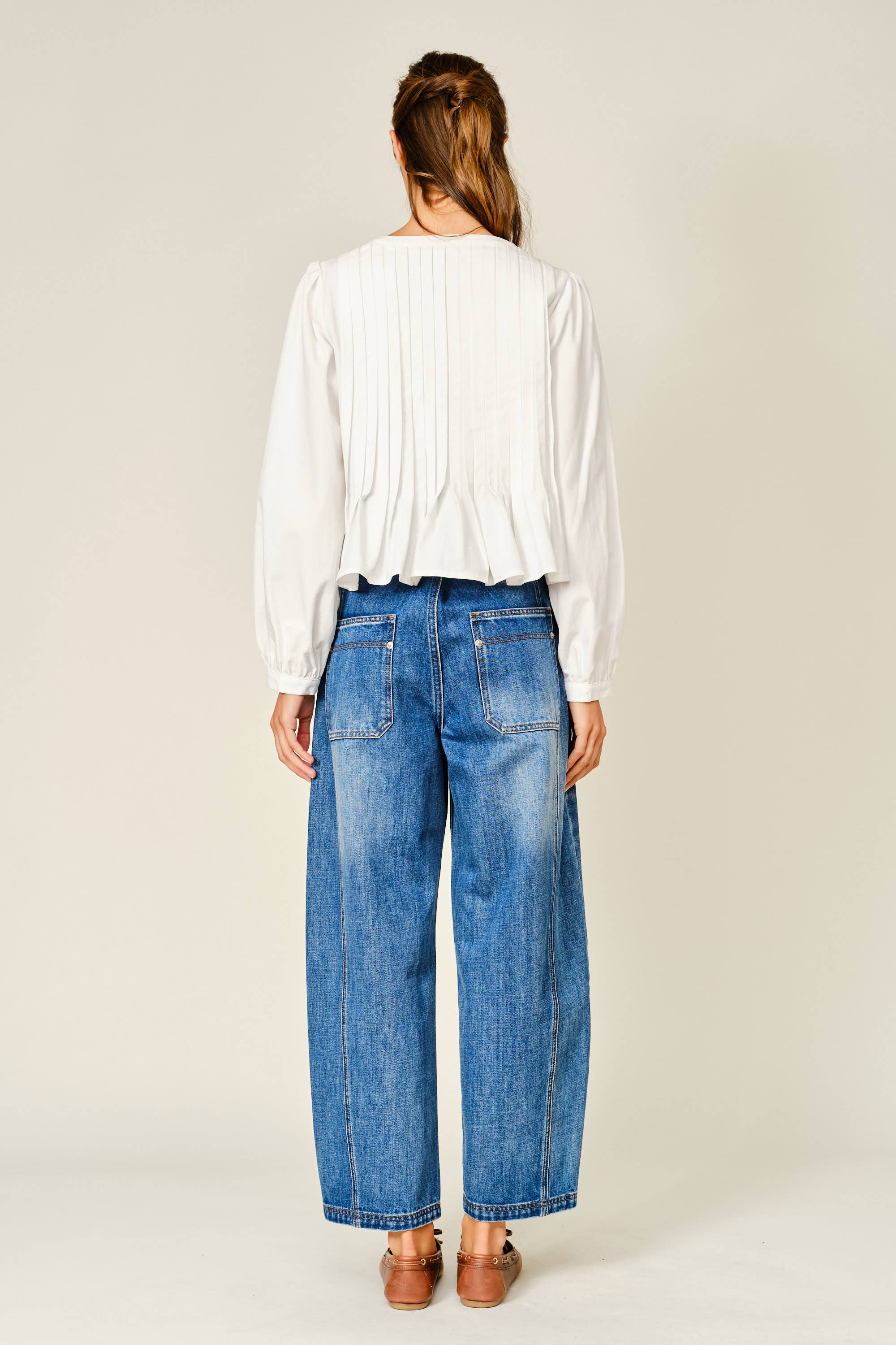 white pleated blouse, women's button front blouse, pintuck blouse, white long sleeve top, ruffle hem blouse, women's fall blouse, babydoll blouse, puff sleeve blouse, thanksgiving outfit top