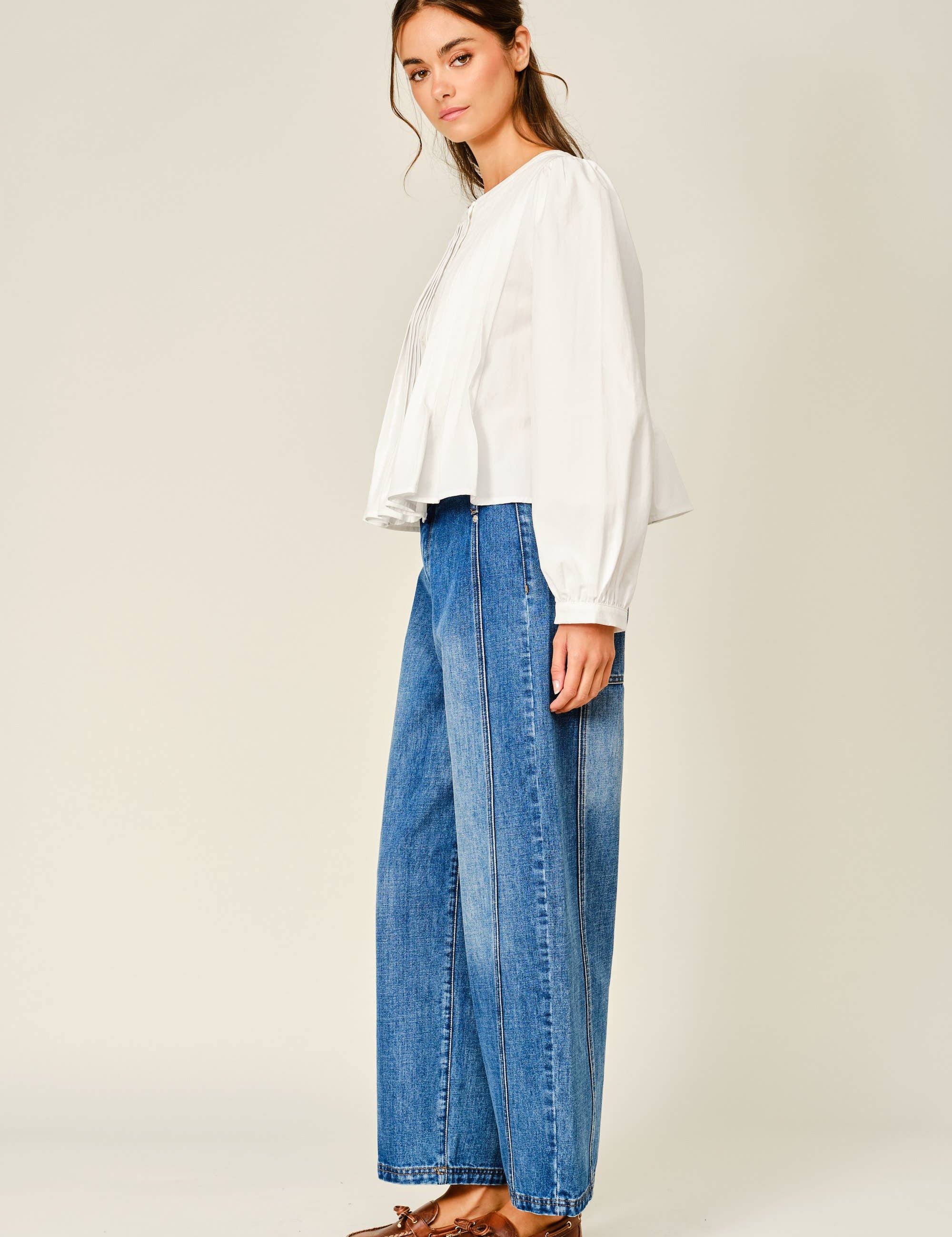 white pleated blouse, women's button front blouse, pintuck blouse, white long sleeve top, ruffle hem blouse, women's fall blouse, babydoll blouse, puff sleeve blouse, thanksgiving outfit top