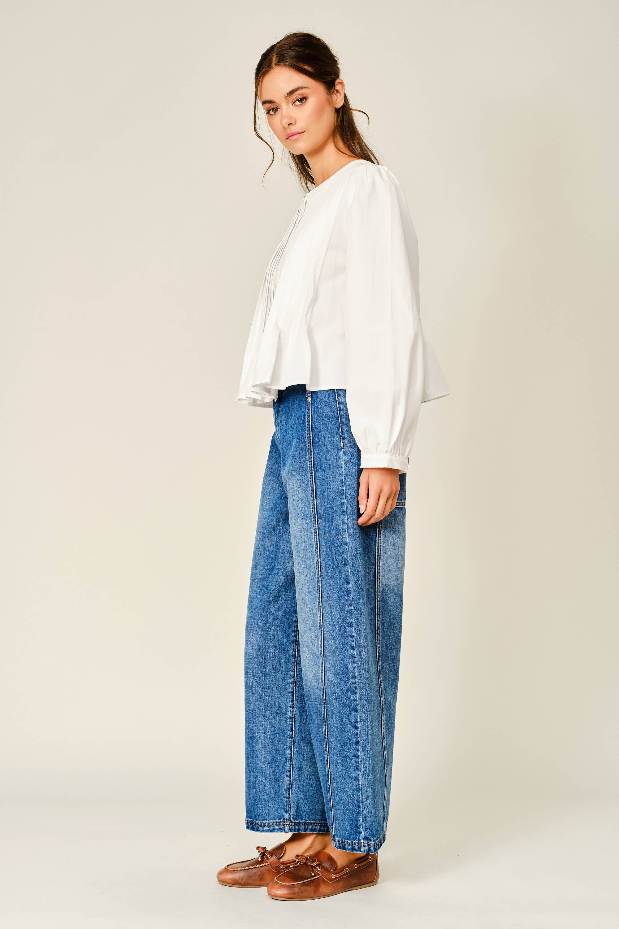 white pleated blouse, women's button front blouse, pintuck blouse, white long sleeve top, ruffle hem blouse, women's fall blouse, babydoll blouse, puff sleeve blouse, thanksgiving outfit top