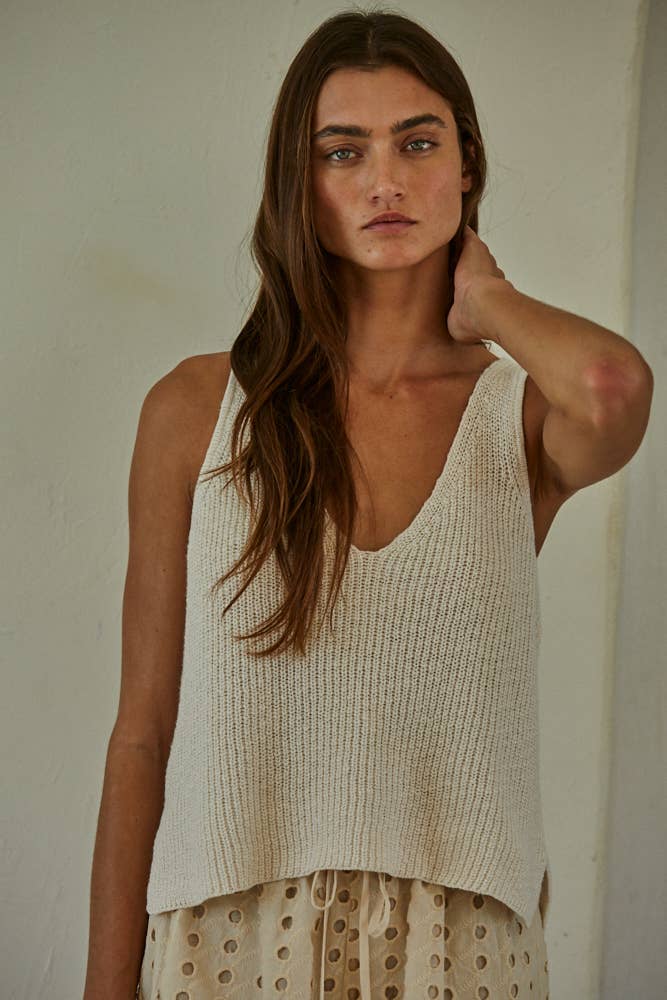 cream cotton sweater tank, v neck sweater tank, sleeveless cotton knit top, lightweight sweater tank, women's knit tank top, cream sleeveless sweater, relaxed fit sweater tank, cotton knit vest, neutral layering top, everyday sweater tank, side slit sweater tank, soft knit sleeveless top