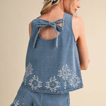 embroidered denim shorts
chambray embroidered shorts
high rise denim shorts
floral embroidered shorts
blue embroidered shorts
matching denim set
embroidered summer shorts
americana summer outfit
boutique denim shorts
lightweight chambray shorts
county fair outfit
southern summer style
women's embroidered shorts
casual summer bottoms
denim festival outfit