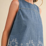 embroidered denim tank
chambray embroidered top
sleeveless denim blouse
blue embroidered tank top
floral embroidered chambray top
americana summer outfit
county fair outfit
matching denim set
lightweight denim top
embroidered summer blouse
boutique women's clothing
casual summer tank
heirloom inspired embroidery
southern summer fashion
denim summer top