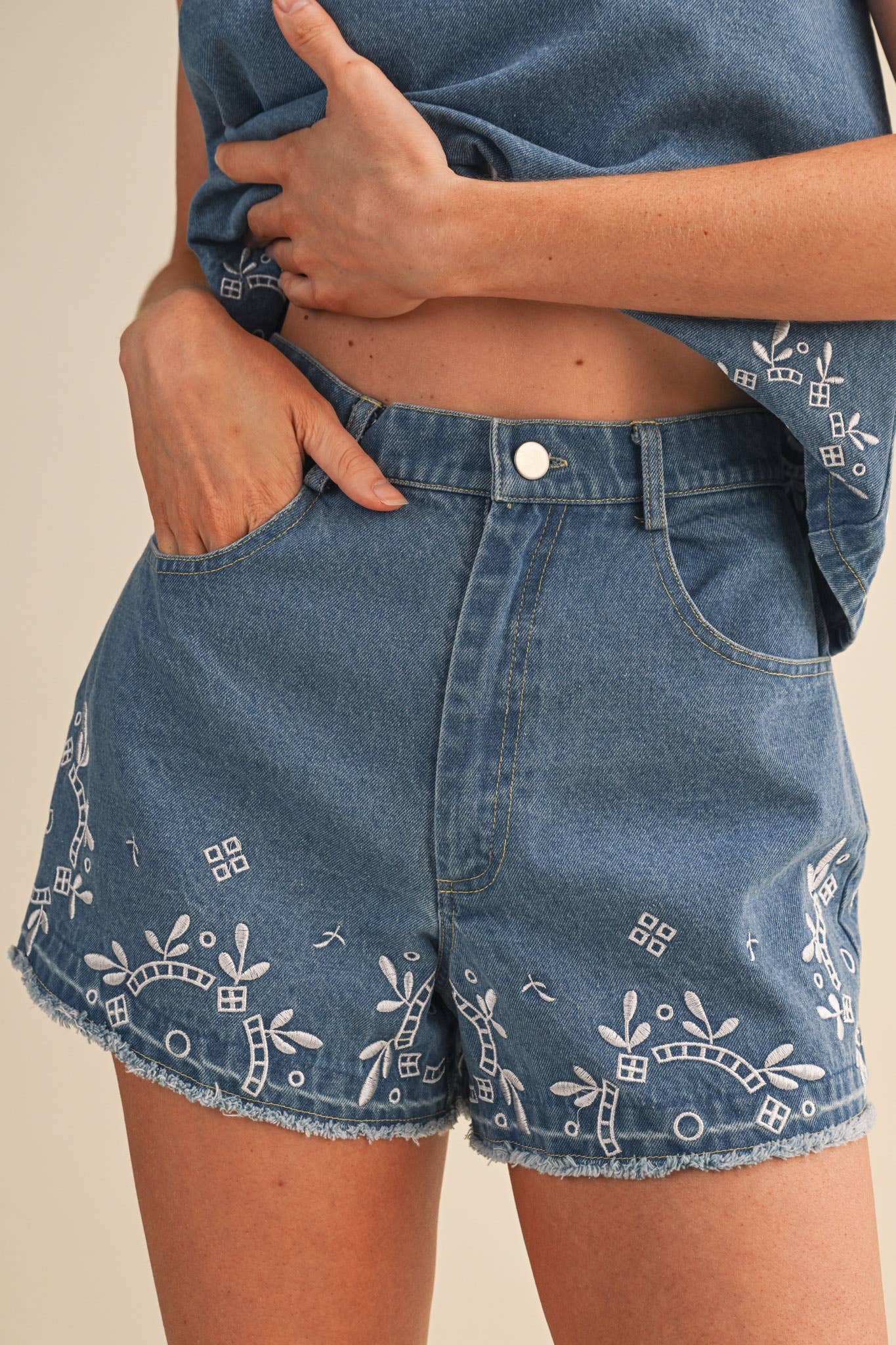 embroidered denim shorts
chambray embroidered shorts
high rise denim shorts
floral embroidered shorts
blue embroidered shorts
matching denim set
embroidered summer shorts
americana summer outfit
boutique denim shorts
lightweight chambray shorts
county fair outfit
southern summer style
women's embroidered shorts
casual summer bottoms
denim festival outfit
