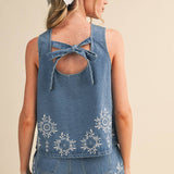 embroidered denim tank
chambray embroidered top
sleeveless denim blouse
blue embroidered tank top
floral embroidered chambray top
americana summer outfit
county fair outfit
matching denim set
lightweight denim top
embroidered summer blouse
boutique women's clothing
casual summer tank
heirloom inspired embroidery
southern summer fashion
denim summer top