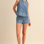 embroidered denim shorts
chambray embroidered shorts
high rise denim shorts
floral embroidered shorts
blue embroidered shorts
matching denim set
embroidered summer shorts
americana summer outfit
boutique denim shorts
lightweight chambray shorts
county fair outfit
southern summer style
women's embroidered shorts
casual summer bottoms
denim festival outfit