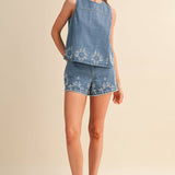 embroidered denim shorts
chambray embroidered shorts
high rise denim shorts
floral embroidered shorts
blue embroidered shorts
matching denim set
embroidered summer shorts
americana summer outfit
boutique denim shorts
lightweight chambray shorts
county fair outfit
southern summer style
women's embroidered shorts
casual summer bottoms
denim festival outfit