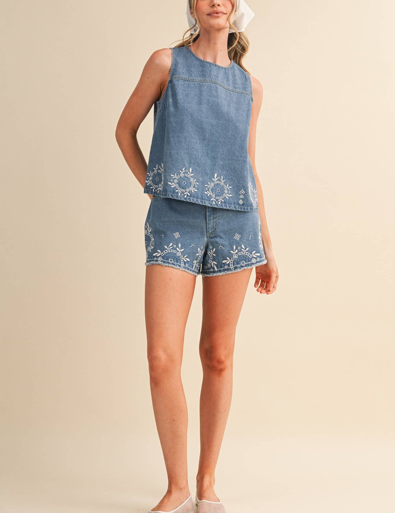 embroidered denim shorts
chambray embroidered shorts
high rise denim shorts
floral embroidered shorts
blue embroidered shorts
matching denim set
embroidered summer shorts
americana summer outfit
boutique denim shorts
lightweight chambray shorts
county fair outfit
southern summer style
women's embroidered shorts
casual summer bottoms
denim festival outfit