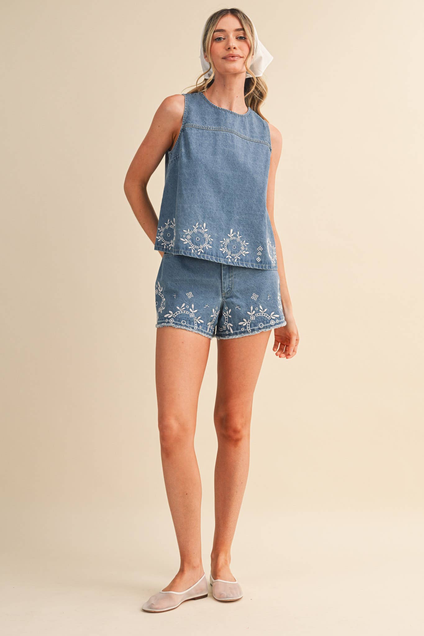 embroidered denim shorts
chambray embroidered shorts
high rise denim shorts
floral embroidered shorts
blue embroidered shorts
matching denim set
embroidered summer shorts
americana summer outfit
boutique denim shorts
lightweight chambray shorts
county fair outfit
southern summer style
women's embroidered shorts
casual summer bottoms
denim festival outfit
