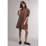 women's brown floral dress, brown floral mini dress, western floral dress, western mini dress, cowgirl fall dress, brown fall dress, puff sleeve mini dress, button front floral dress, collared mini dress, loose fit mini dress, women's casual fall dress, fall dress with cowboy boots, western women's clothing, western boutique dress, women's fall boutique clothing, brown ditsy floral dress, boho western dress, cotton linen blend dress, east tennessee women's boutique, west of may boutique