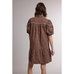 women's brown floral dress, brown floral mini dress, western floral dress, western mini dress, cowgirl fall dress, brown fall dress, puff sleeve mini dress, button front floral dress, collared mini dress, loose fit mini dress, women's casual fall dress, fall dress with cowboy boots, western women's clothing, western boutique dress, women's fall boutique clothing, brown ditsy floral dress, boho western dress, cotton linen blend dress, east tennessee women's boutique, west of may boutique