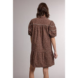 women's brown floral dress, brown floral mini dress, western floral dress, western mini dress, cowgirl fall dress, brown fall dress, puff sleeve mini dress, button front floral dress, collared mini dress, loose fit mini dress, women's casual fall dress, fall dress with cowboy boots, western women's clothing, western boutique dress, women's fall boutique clothing, brown ditsy floral dress, boho western dress, cotton linen blend dress, east tennessee women's boutique, west of may boutique