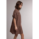 women's brown floral dress, brown floral mini dress, western floral dress, western mini dress, cowgirl fall dress, brown fall dress, puff sleeve mini dress, button front floral dress, collared mini dress, loose fit mini dress, women's casual fall dress, fall dress with cowboy boots, western women's clothing, western boutique dress, women's fall boutique clothing, brown ditsy floral dress, boho western dress, cotton linen blend dress, east tennessee women's boutique, west of may boutique