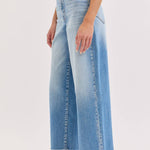 high rise wide leg jeans, light wash wide leg jeans, cropped wide leg denim, raw hem jeans, women's high rise jeans, light wash denim pants, stretchy wide leg jeans, everyday denim, cropped jeans women, casual blue jeans
