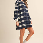 striped sweatshirt dress, oversized sweatshirt dress, navy striped dress, varsity inspired dress, casual fall dress, cotton sweatshirt dress, long sleeve sweatshirt dress, football game outfit, comfortable fall dress, women's boutique dress, west of may boutique