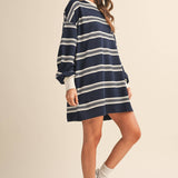 striped sweatshirt dress, oversized sweatshirt dress, navy striped dress, varsity inspired dress, casual fall dress, cotton sweatshirt dress, long sleeve sweatshirt dress, football game outfit, comfortable fall dress, women's boutique dress, west of may boutique