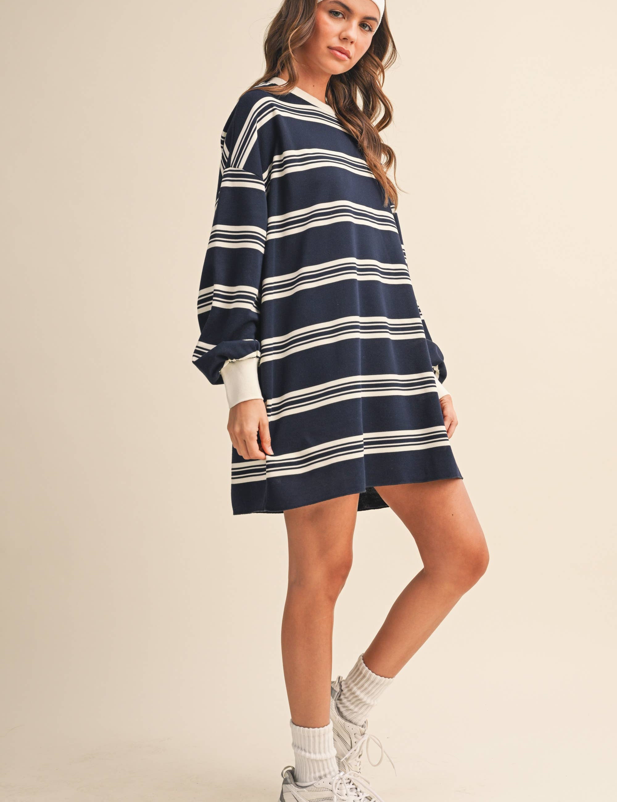 striped sweatshirt dress, oversized sweatshirt dress, navy striped dress, varsity inspired dress, casual fall dress, cotton sweatshirt dress, long sleeve sweatshirt dress, football game outfit, comfortable fall dress, women's boutique dress, west of may boutique
