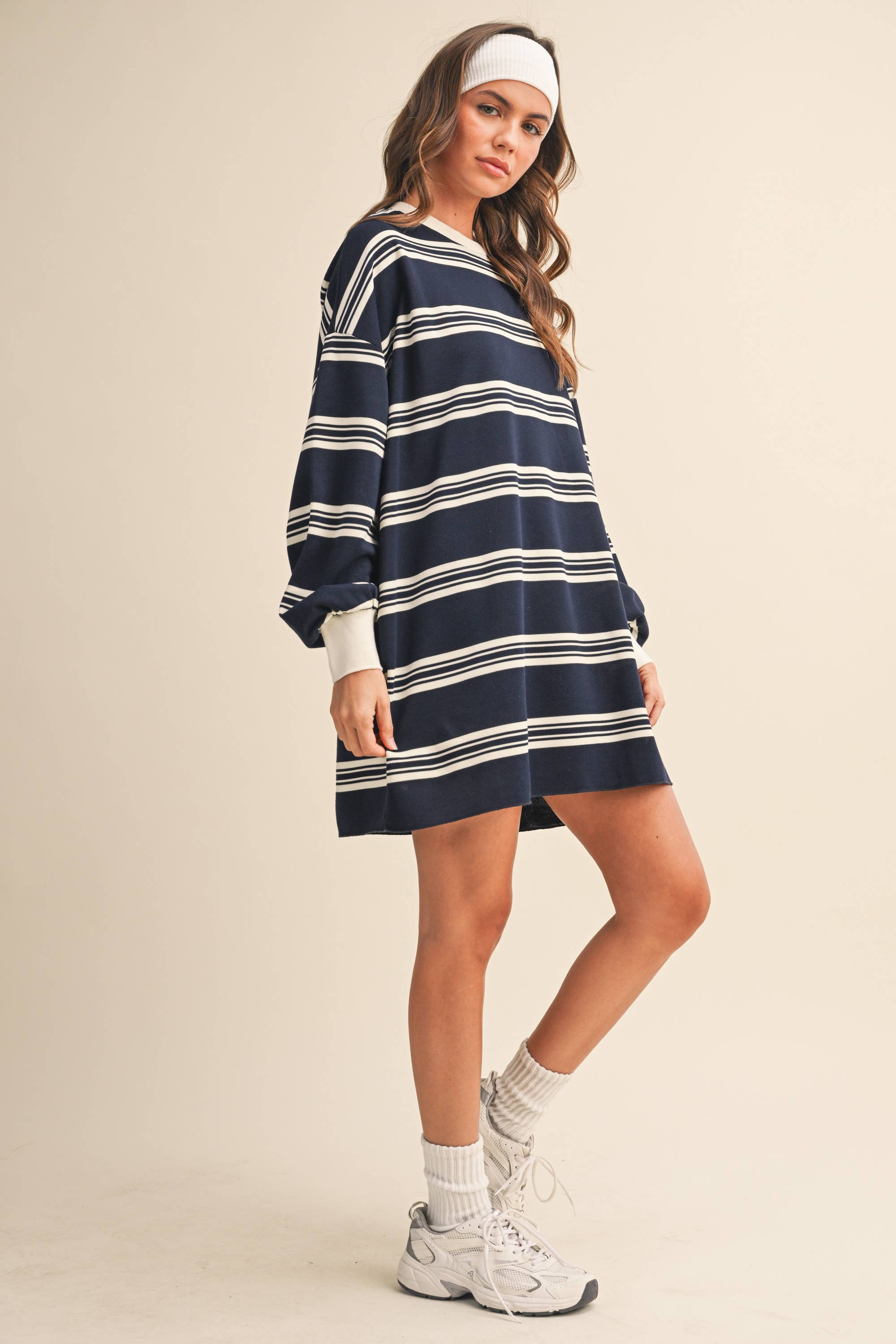 striped sweatshirt dress, oversized sweatshirt dress, navy striped dress, varsity inspired dress, casual fall dress, cotton sweatshirt dress, long sleeve sweatshirt dress, football game outfit, comfortable fall dress, women's boutique dress, west of may boutique