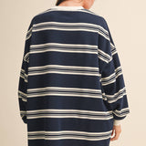 striped sweatshirt dress, oversized sweatshirt dress, navy striped dress, varsity inspired dress, casual fall dress, cotton sweatshirt dress, long sleeve sweatshirt dress, football game outfit, comfortable fall dress, women's boutique dress, west of may boutique
