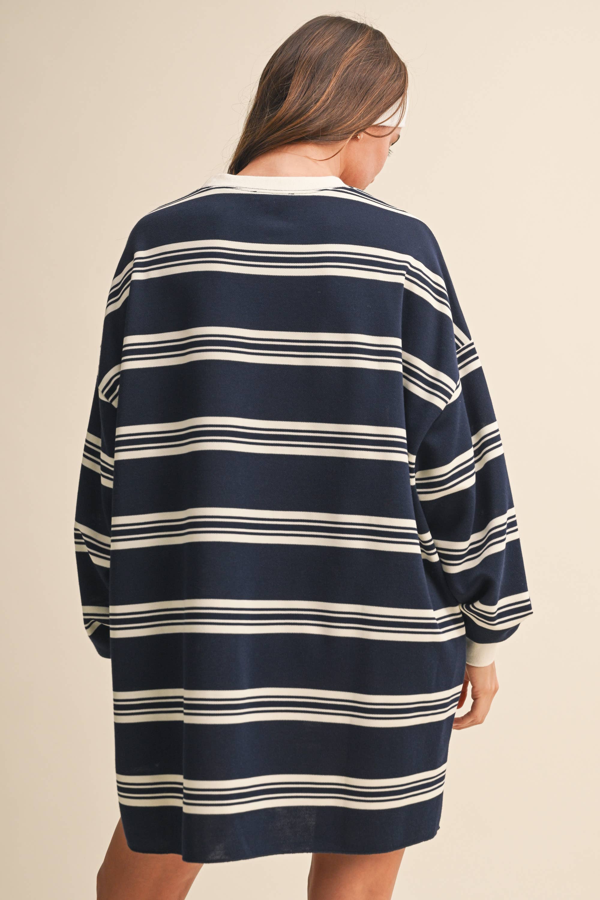 striped sweatshirt dress, oversized sweatshirt dress, navy striped dress, varsity inspired dress, casual fall dress, cotton sweatshirt dress, long sleeve sweatshirt dress, football game outfit, comfortable fall dress, women's boutique dress, west of may boutique