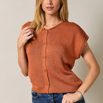 rust knit cardigan, button front sweater cardigan, textured knit sweater, cap sleeve cardigan, lightweight knit sweater, cozy fall cardigan, women's boutique knit cardigan, versatile layering sweater, West of May Boutique