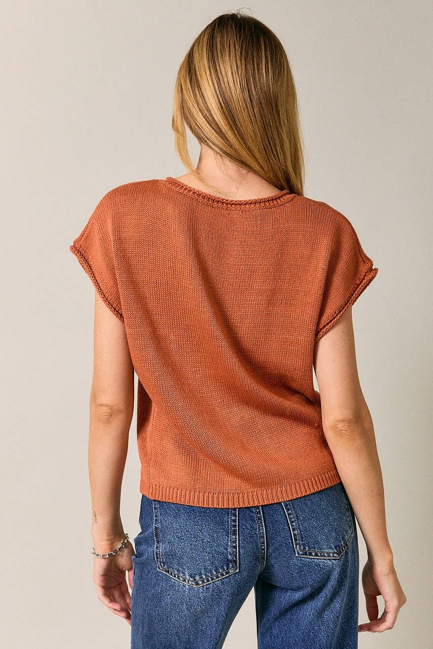 rust knit cardigan, button front sweater cardigan, textured knit sweater, cap sleeve cardigan, lightweight knit sweater, cozy fall cardigan, women's boutique knit cardigan, versatile layering sweater, West of May Boutique