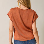rust knit cardigan, button front sweater cardigan, textured knit sweater, cap sleeve cardigan, lightweight knit sweater, cozy fall cardigan, women's boutique knit cardigan, versatile layering sweater, West of May Boutique