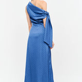 blue one shoulder midi dress, asymmetrical midi dress, textured blue wedding guest dress, elegant occasion dress, cocktail party dress, formal midi dress, fall wedding guest dress, boutique women's dress, West of May Boutique, polka dot wedding guest dress, something blue dress, bridesmaid dress